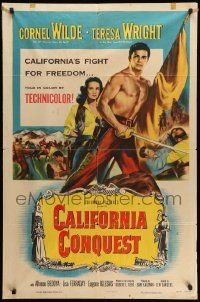 5j178 CALIFORNIA CONQUEST 1sh '52 barechested Cornel Wilde & Teresa Wright fight for freedom!