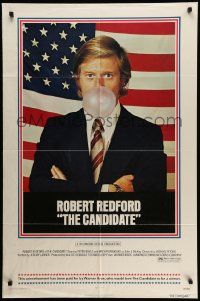 5j185 CANDIDATE 1sh '72 great image of candidate Robert Redford blowing a bubble!