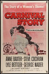 5j191 CARNIVAL STORY 1sh R60 sexy Anne Baxter & Steve Cochran in the story of a woman's shame!