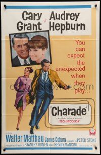 5j206 CHARADE 1sh '63 art of tough Cary Grant & sexy Audrey Hepburn, expect the unexpected!