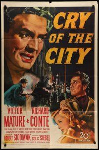 5j263 CRY OF THE CITY 1sh '48 film noir, cool c/u of Victor Mature, Richard Conte, Shelley Winters