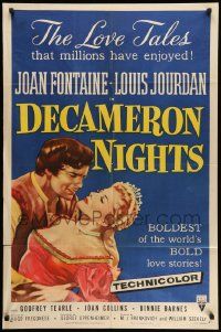 5j287 DECAMERON NIGHTS style A 1sh '53 Joan Fontaine & Louis Jourdan, love tales enjoyed by millions