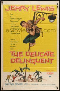 5j288 DELICATE DELINQUENT 1sh '57 wacky teen-age terror Jerry Lewis hanging from light post!