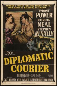 5j310 DIPLOMATIC COURIER 1sh '52 cool art of Patricia Neal pulling a gun on shirtless Tyrone Power!