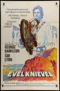 5j358 EVEL KNIEVEL 1sh '71 George Hamilton is THE daredevil, great art of motorcycle jump!