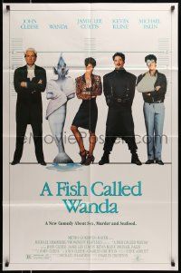 5j381 FISH CALLED WANDA 1sh '88 John Cleese, Jamie Lee Curtis, Kline & Palin in police lineup