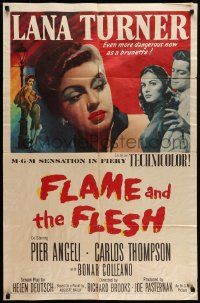 5j385 FLAME & THE FLESH 1sh '54 artwork of sexy brunette bad girl Lana Turner, plus Pier Angeli!