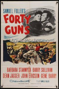 5j394 FORTY GUNS 1sh '57 Samuel Fuller, art of Barbara Stanwyck & Barry Sullivan on horseback!