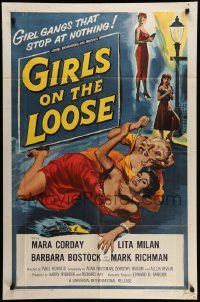 5j428 GIRLS ON THE LOOSE 1sh '58 classic catfight art of girls in gangs who stop at nothing!