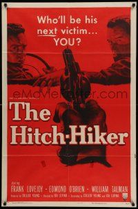 5j494 HITCH-HIKER style A 1sh '53 POV art of hitchhiker in back seat pointing gun at front!