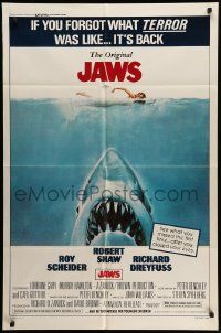 5j544 JAWS 1sh R79 art of Steven Spielberg's classic man-eating shark attacking nude swimmer!