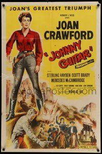 5j548 JOHNNY GUITAR 1sh '54 artwork of Joan Crawford reaching for gun, Nicholas Ray classic!