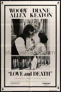 5j595 LOVE & DEATH style B 1sh '75 Woody Allen & Diane Keaton romantic kiss close up!