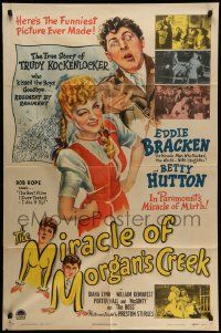 5j642 MIRACLE OF MORGAN'S CREEK style A 1sh '43 Preston Sturges, Eddie Bracken, Betty Hutton!