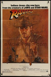 5j736 RAIDERS OF THE LOST ARK 1sh '81 great art of adventurer Harrison Ford by Richard Amsel!