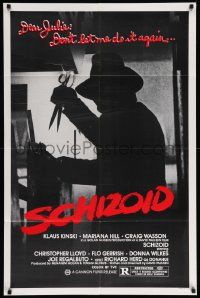 5j769 SCHIZOID 1sh '80 cool silhouette of crazed madman Klaus Kinski attacking with scissors!