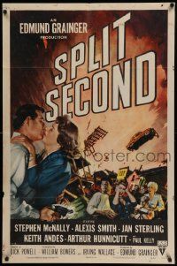 5j827 SPLIT SECOND style A 1sh '53 art of Stephen McNally kissing Alexis Smith, Dick Powell noir!