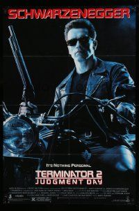5j882 TERMINATOR 2 DS 1sh '91 Arnold Schwarzenegger on motorcycle with shotgun!