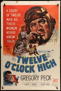 5j920 TWELVE O'CLOCK HIGH 1sh '50 cool artwork of smoking World War II pilot Gregory Peck!