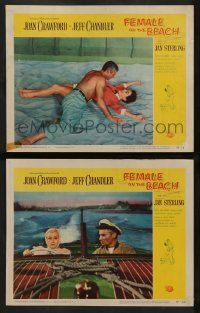 5k911 FEMALE ON THE BEACH 2 LCs '55 Joan Crawford and Jeff Chandler, 1 w/Jan Sterling on boat!