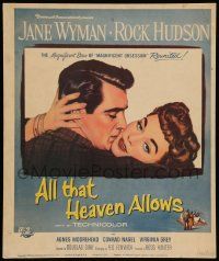 5p304 ALL THAT HEAVEN ALLOWS WC '55 close up romantic art of Rock Hudson kissing Jane Wyman!