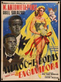 5r074 LA ENGANADORA Mexican poster '55 beautiful bride being shot by Cupid, The Deceiver!