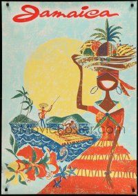 5t030 JAMAICA 28x40 travel poster '50s wonderful artwork of smiling woman and flora!