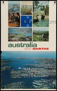 5t051 QANTAS AUSTRALIA 25x40 Australian travel poster '70s Sydney skyline, Perth, and Melbourne!