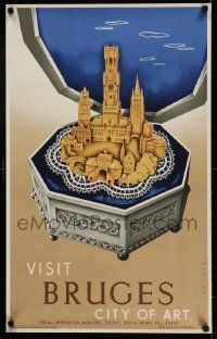 5t065 VISIT BRUGES 20x32 Belgian travel poster '50s artwork of Belfort Tower by Setola!