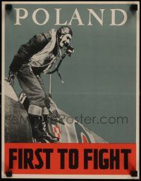 5t013 POLAND FIRST TO FIGHT 12x16 WWII war poster '40s Polish pilot exiting Spitfire fighter!