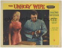 5w961 UNHOLY WIFE LC #3 '57 great close up of sexiest Diana Dors staring at Rod Steiger with gun!
