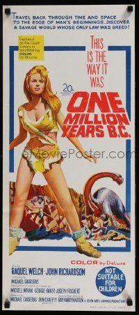 5y048 ONE MILLION YEARS B.C. Aust daybill '66 stone litho art of sexy cavewoman Raquel Welch!