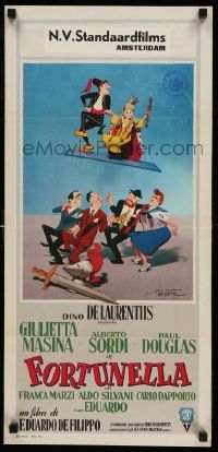 5y336 FORTUNELLA Italian locandina '57 wacky comedy written by Federico Fellini, art by De Seta!