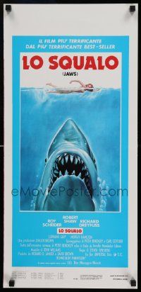 5y345 JAWS Italian locandina R70s art of Steven Spielberg's man-eating shark attacking sexy swimmer!