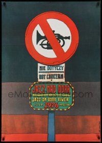 5y842 JAZZ NAD ODRA Polish 26x37 '76 cool wacky 'no trumpet' street sign art by Jan Sawka!