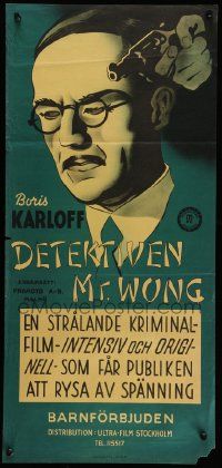 5y200 MR. WONG, DETECTIVE Swedish stolpe '39 close up artwork of Asian Boris Karloff w/gun!