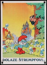 5y557 HERE ARE THE SMURFS Yugoslavian 16x22 '84 cool image of the little blue characters!