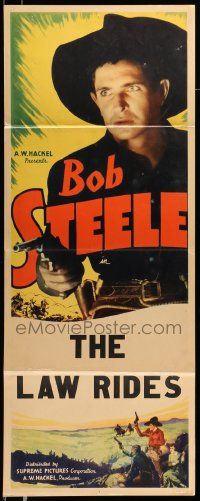 5z057 BOB STEELE insert '40s c/u holding gun and cool western art, The Law Rides!