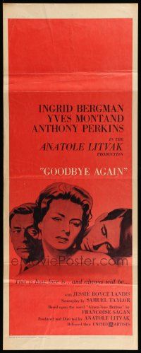 5z178 GOODBYE AGAIN insert '61 art of Ingrid Bergman between Yves Montand & Anthony Perkins!