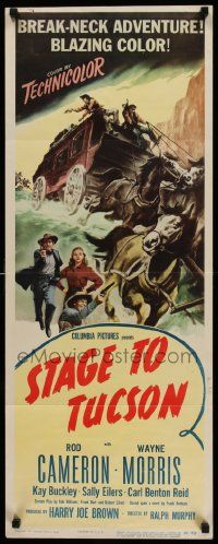 5z414 STAGE TO TUCSON insert '50 Rod Cameron cowboy western, cool art of runaway stagecoach!