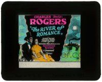 6d096 RIVER OF ROMANCE glass slide '29 Charles Buddy Rogers & Mary Brian + cool riverboat artwork!