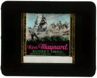 6d113 SUNSET TRAIL glass slide '32 artwork of Ken Maynard riding Tarzan chasing bad guy!