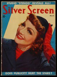 6d496 SILVER SCREEN magazine March 1938 great artwork of Claudette Colbert by Marland Stone!