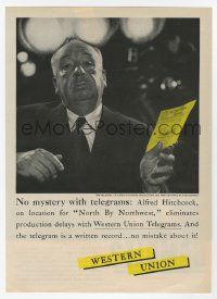 6d246 ALFRED HITCHCOCK magazine ad '59 on location for North by Northwest, ad for Western Union!