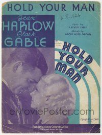 6d551 HOLD YOUR MAN sheet music '33 c/u of sexy Jean Harlow & Clark Gable, the title song!