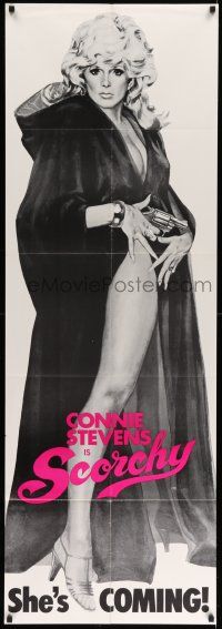 6f036 SCORCHY door panel '76 full-length art of sexy barely-dressed Connie Stevens in black cape!