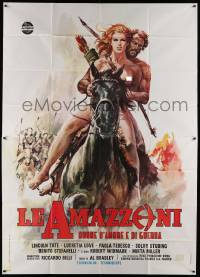 6f554 BATTLE OF THE AMAZONS Italian 2p '73 art of sexy naked female warrior Lucretia Love on horse!