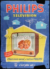 6f004 PHILIPS 46x62 French advertising poster '50s great art of kids on TV in every home!