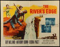 6g829 RIVER'S EDGE 1/2sh '57 Ray Milland & Anthony Quinn fighting on cliff, Debra Paget