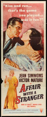 6g016 AFFAIR WITH A STRANGER revised insert '53 great artwork of Jean Simmons, Victor Mature!